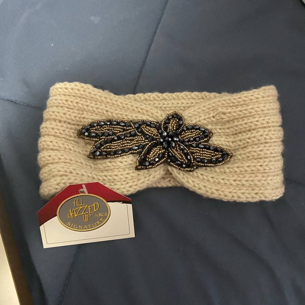 Cream Knit Headband with Beaded Floral Accent - Picture 1 of 2
